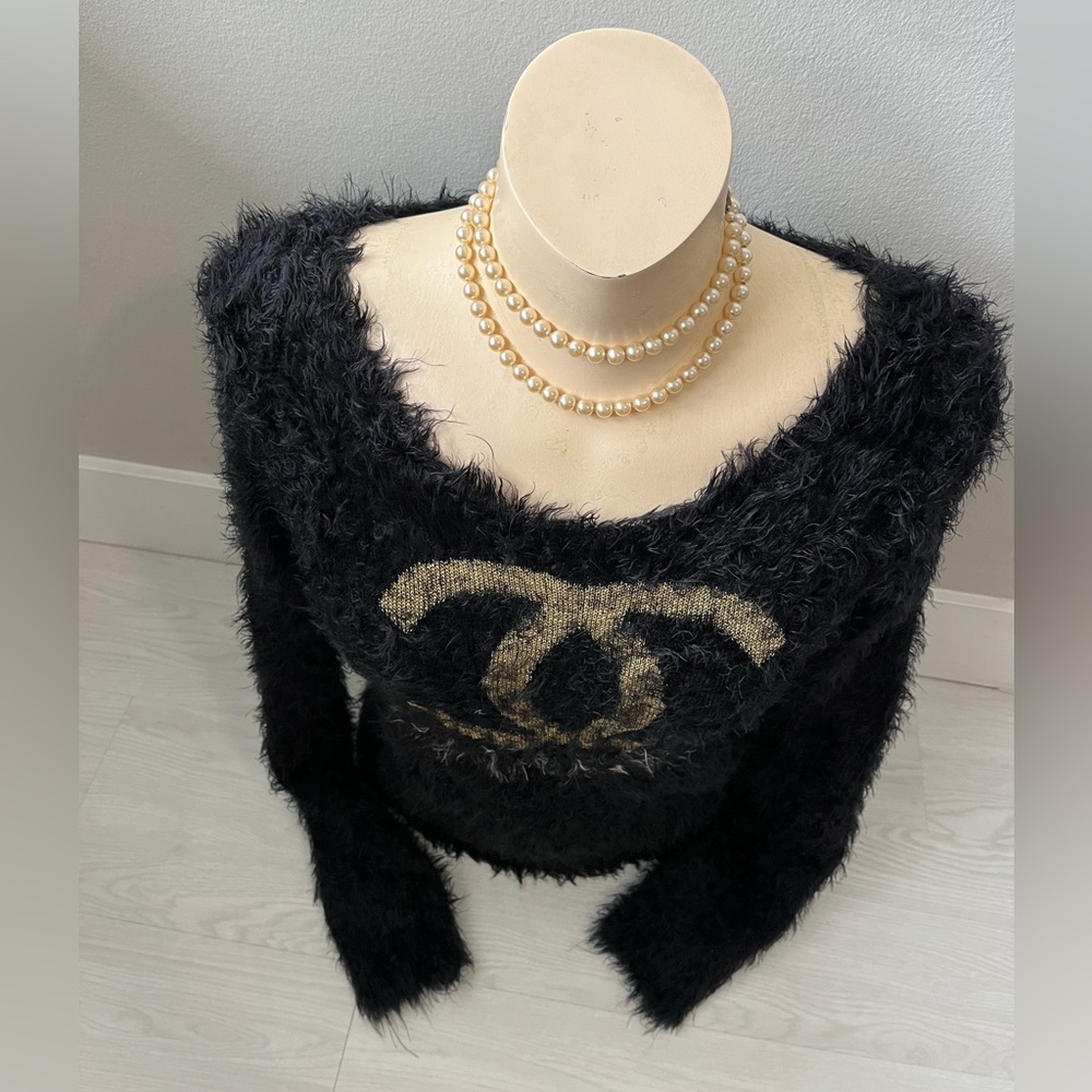 CHANEL Black Fuzzy Off the shoulder Sweater with Gold Emblem - Picture 4 of 8